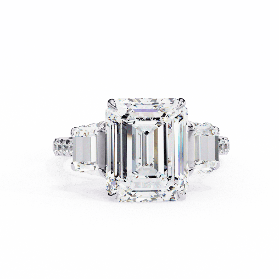 5.25 Carat Emerald Three Stone Solitaire Ring in Moissanite | House of Estara