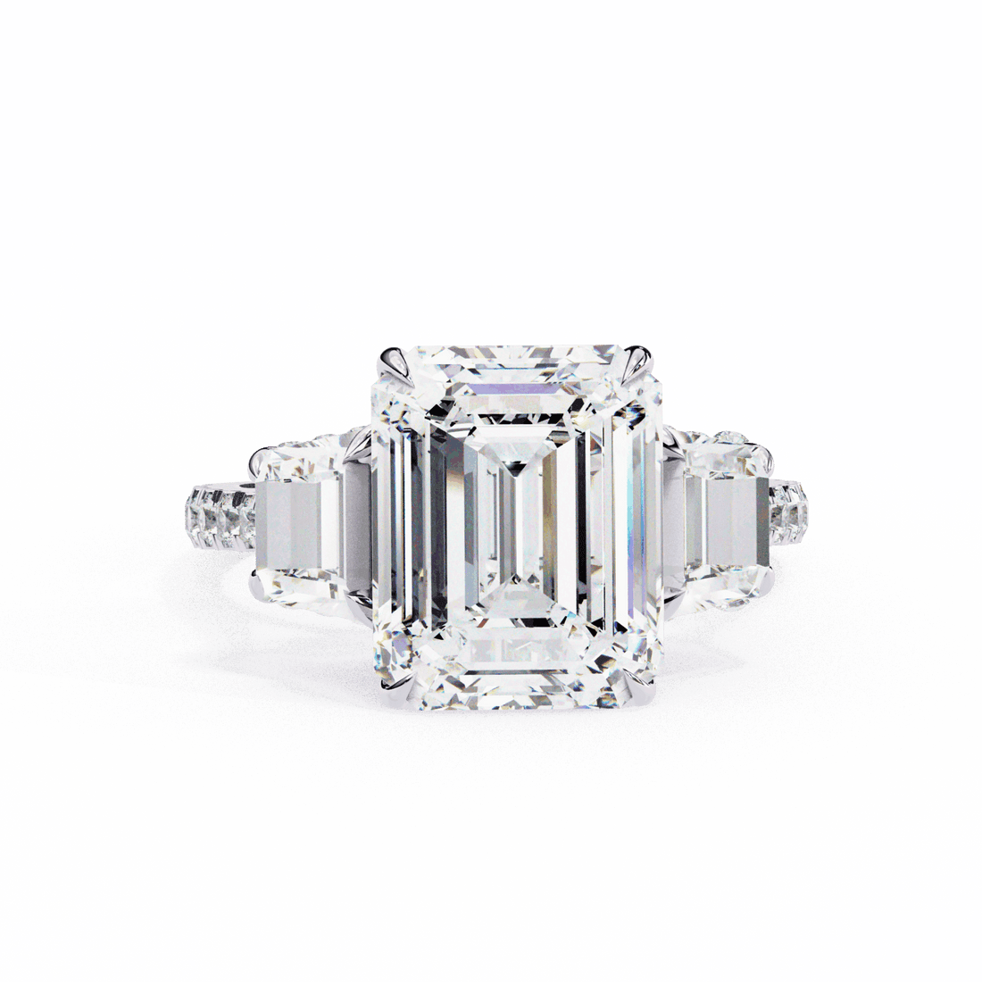 5.25 Carat Emerald Three Stone Solitaire Ring in Moissanite | House of Estara