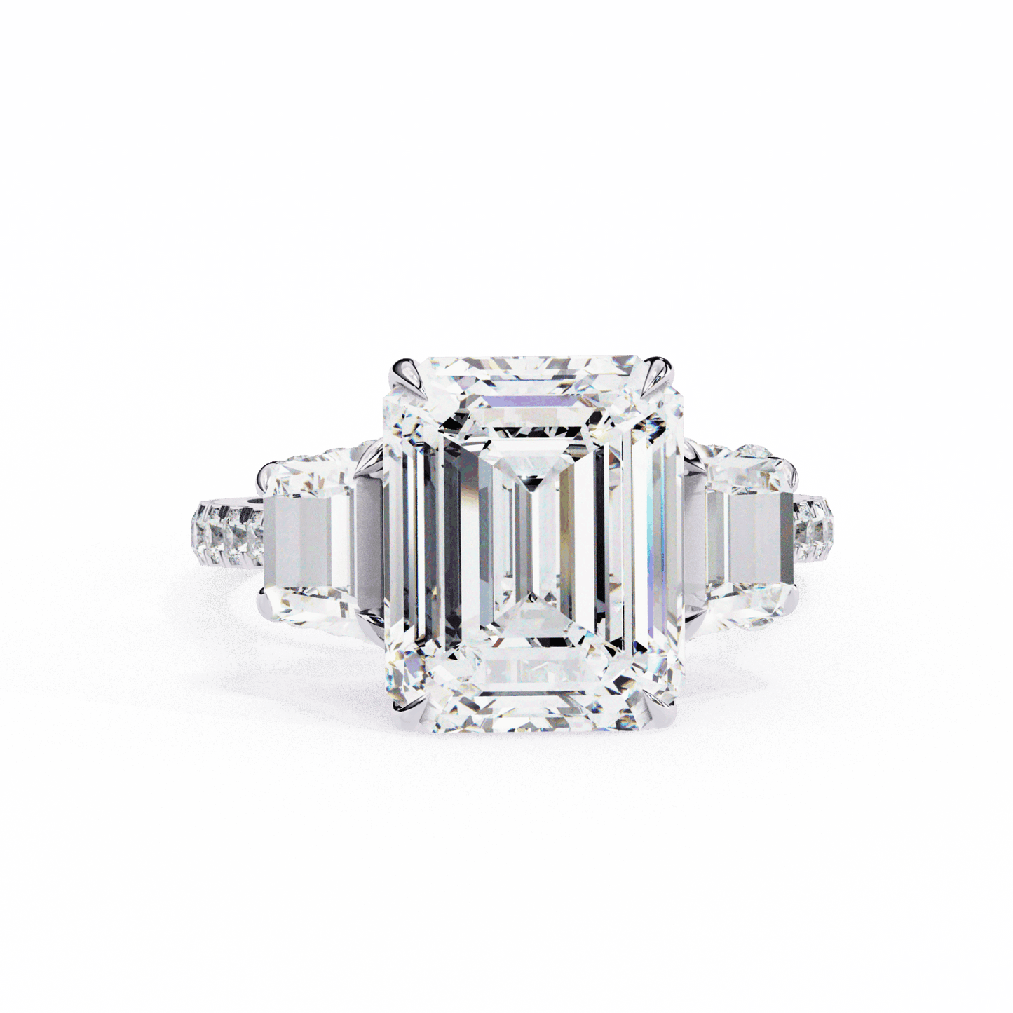 5.25 Carat Emerald Three Stone Solitaire Ring in Moissanite | House of Estara