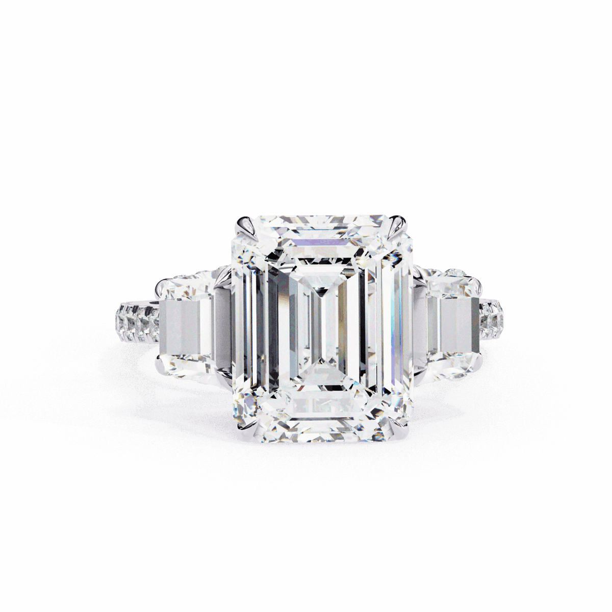 5.25 Carat Emerald Three Stone Solitaire Ring in Moissanite | House of Estara