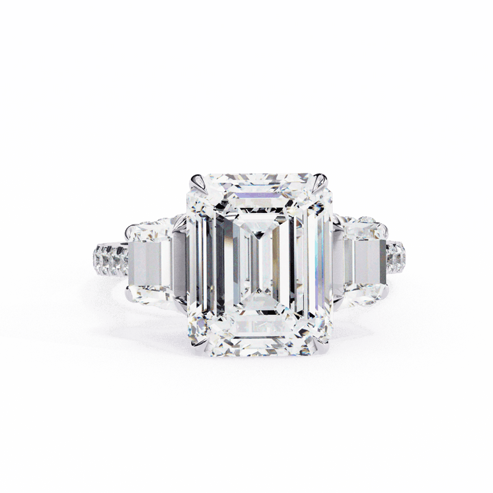 5.25 Carat Emerald Three Stone Solitaire Ring in Moissanite | House of Estara