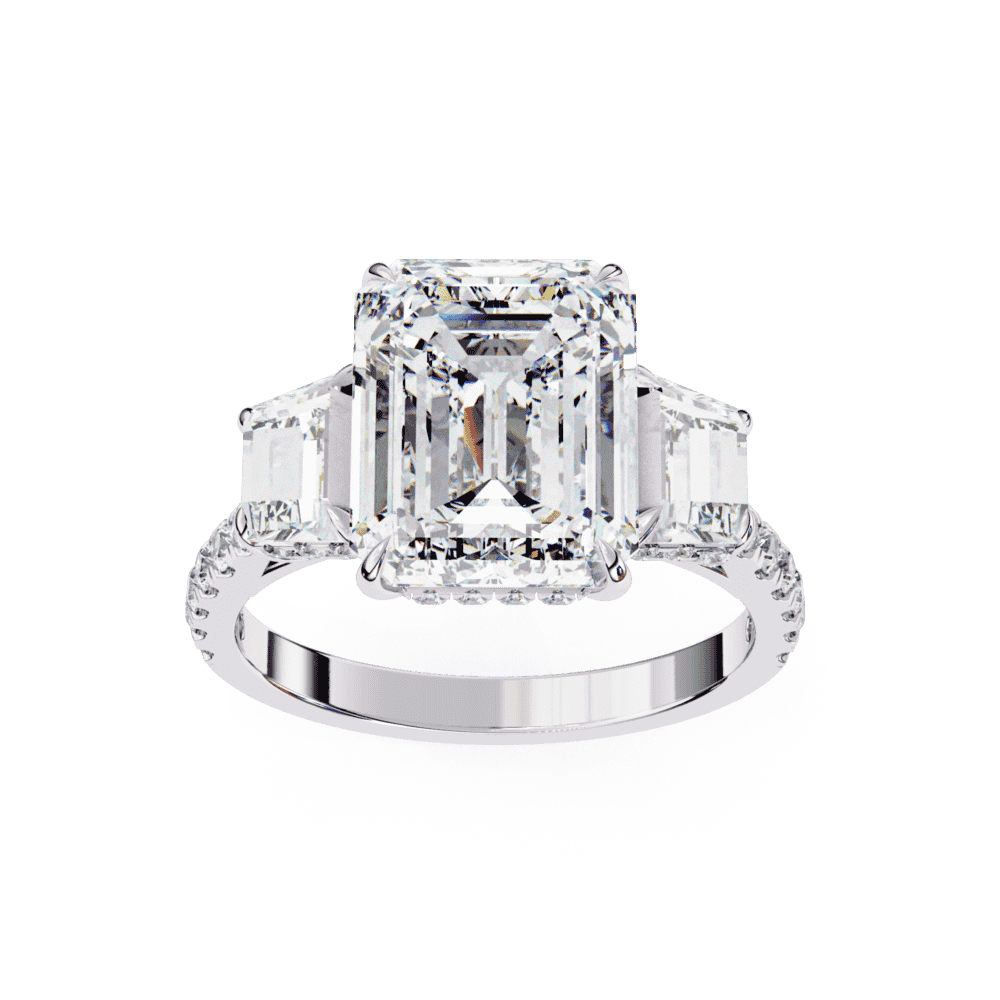 5.25 Carat Emerald Three Stone Solitaire Ring in Moissanite | House of Estara