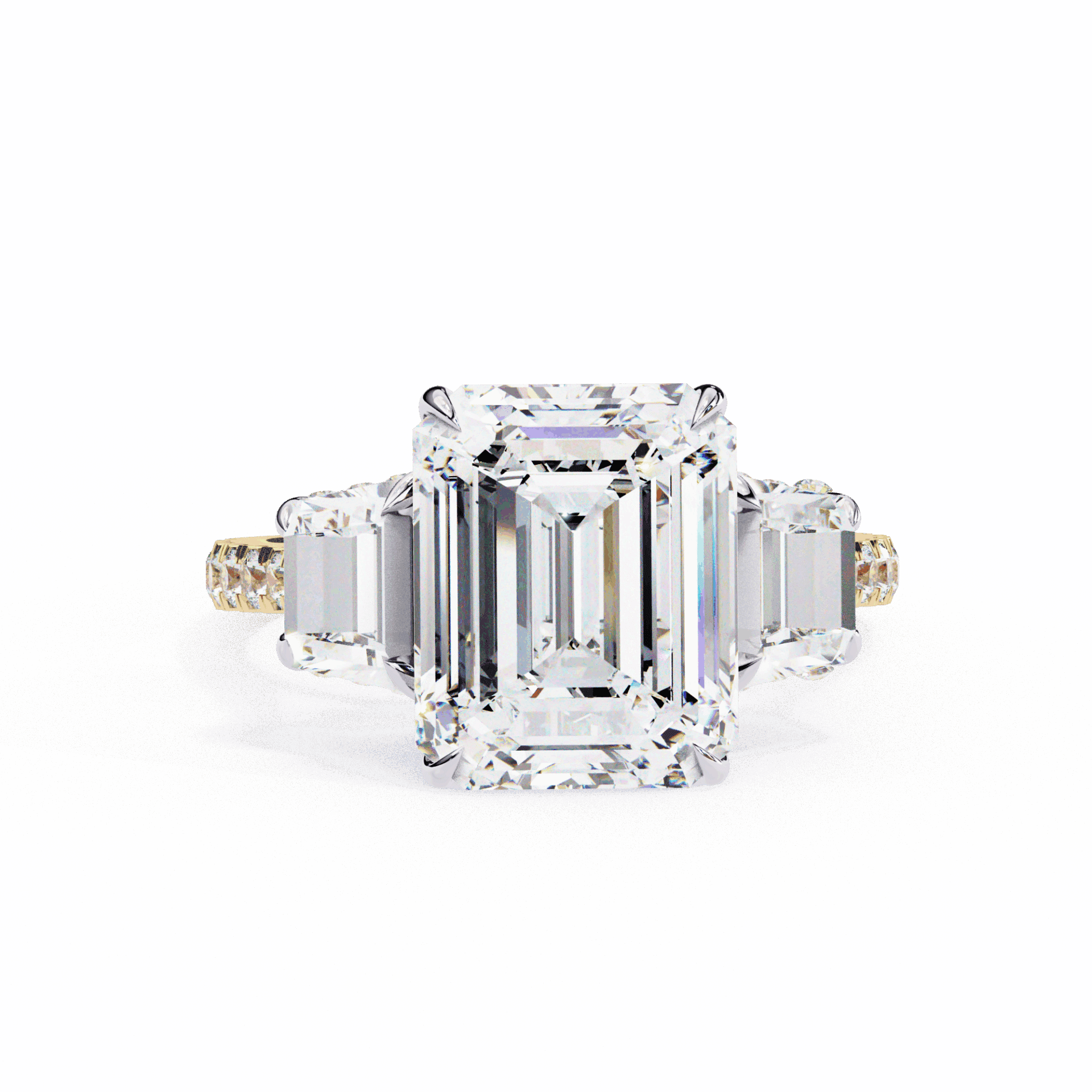5.25 Carat Emerald Three Stone Solitaire Ring in Moissanite | House of Estara