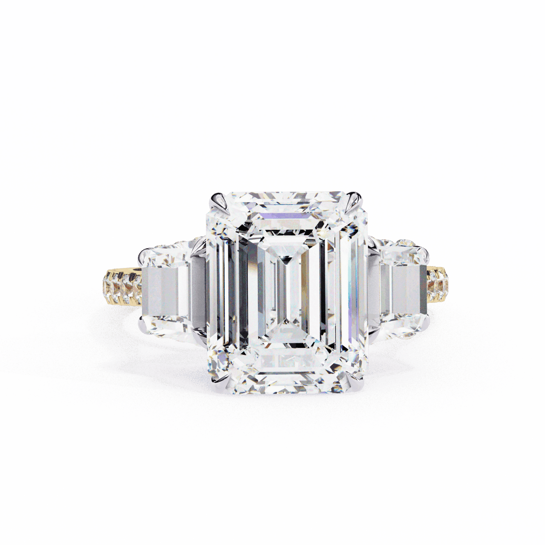 5.25 Carat Emerald Three Stone Solitaire Ring in Moissanite | House of Estara