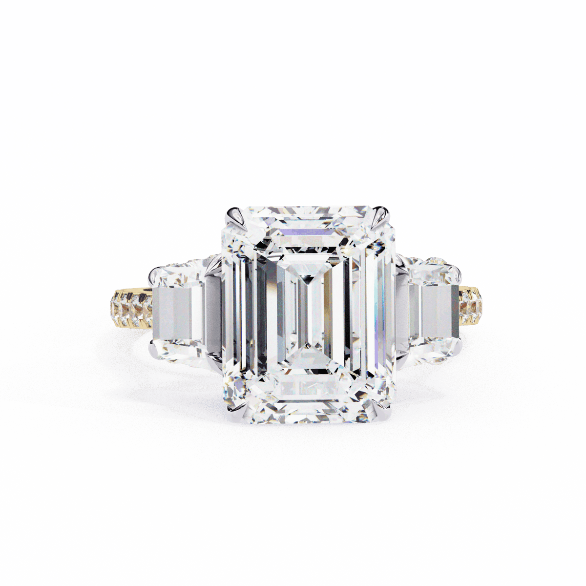 5.25 Carat Emerald Three Stone Solitaire Ring in Moissanite | House of Estara