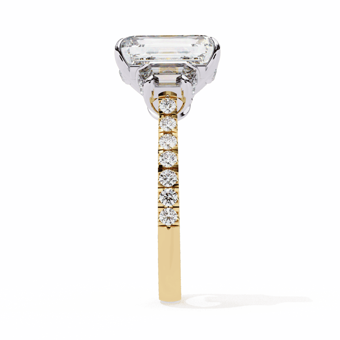 5.25 Carat Emerald Three Stone Solitaire Ring in Moissanite | House of Estara
