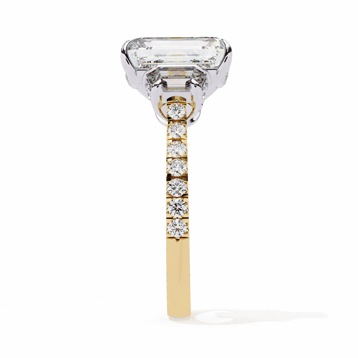 5.25 Carat Emerald Three Stone Solitaire Ring in Moissanite | House of Estara