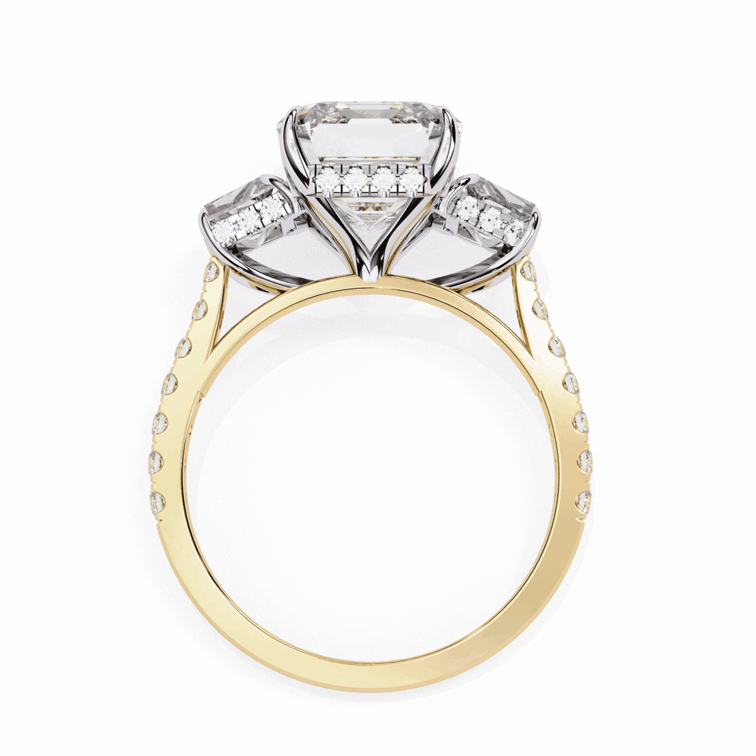 5.25 Carat Emerald Three Stone Solitaire Ring in Moissanite | House of Estara
