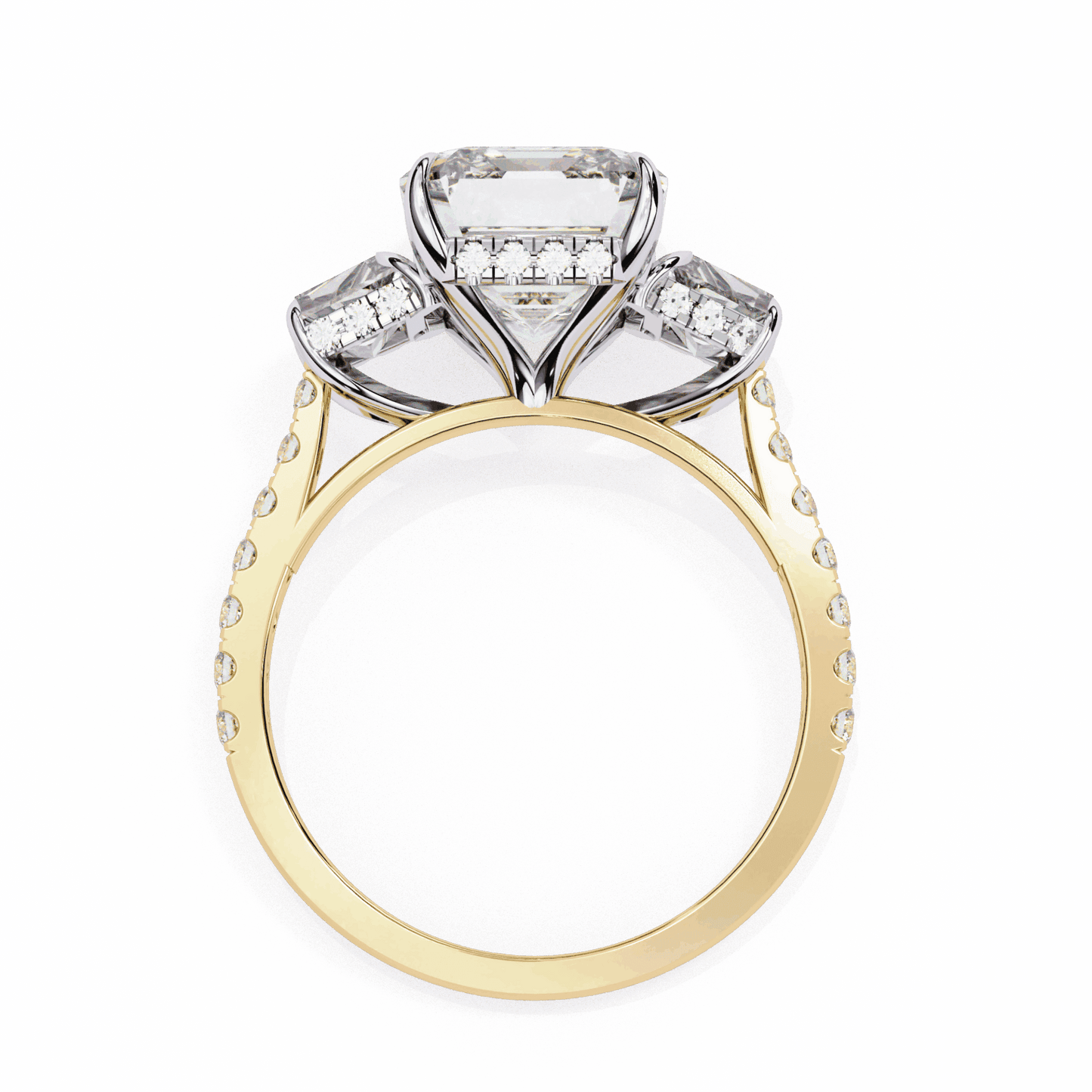 5.25 Carat Emerald Three Stone Solitaire Ring in Moissanite | House of Estara