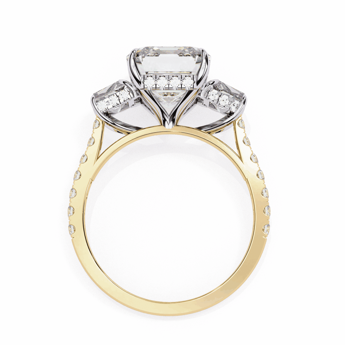 5.25 Carat Emerald Three Stone Solitaire Ring in Moissanite | House of Estara