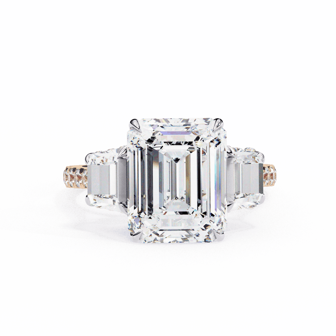 5.25 Carat Emerald Three Stone Solitaire Ring in Moissanite | House of Estara