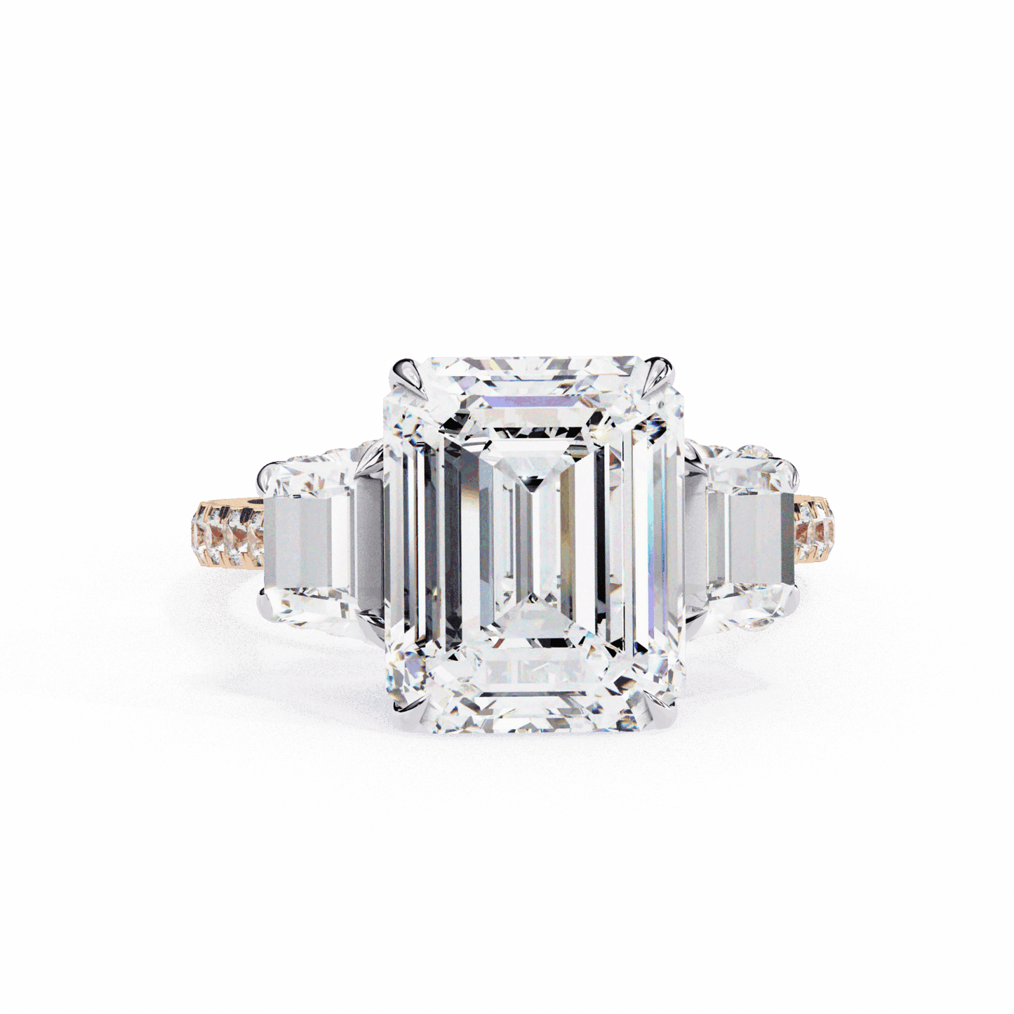 5.25 Carat Emerald Three Stone Solitaire Ring in Moissanite | House of Estara