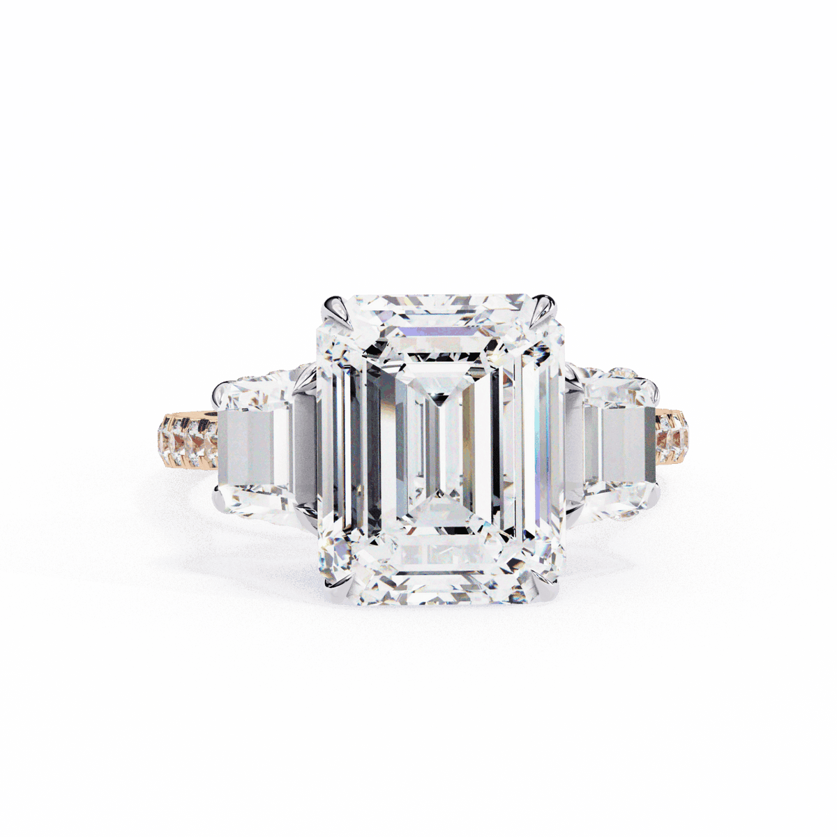 5.25 Carat Emerald Three Stone Solitaire Ring in Moissanite | House of Estara
