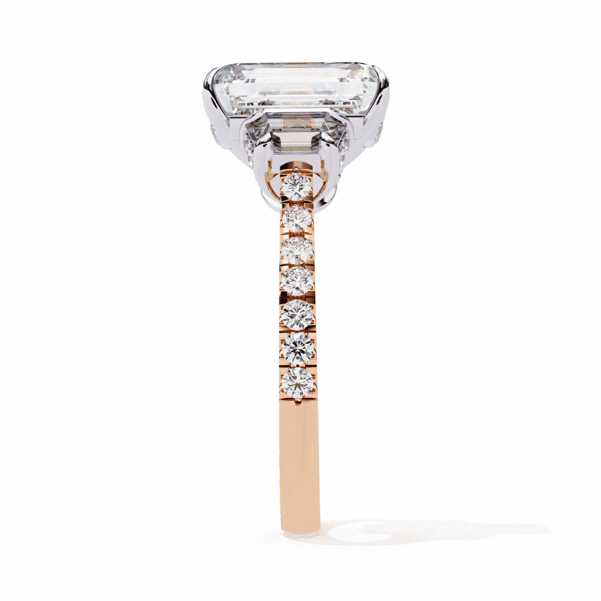 5.25 Carat Emerald Three Stone Solitaire Ring in Moissanite | House of Estara
