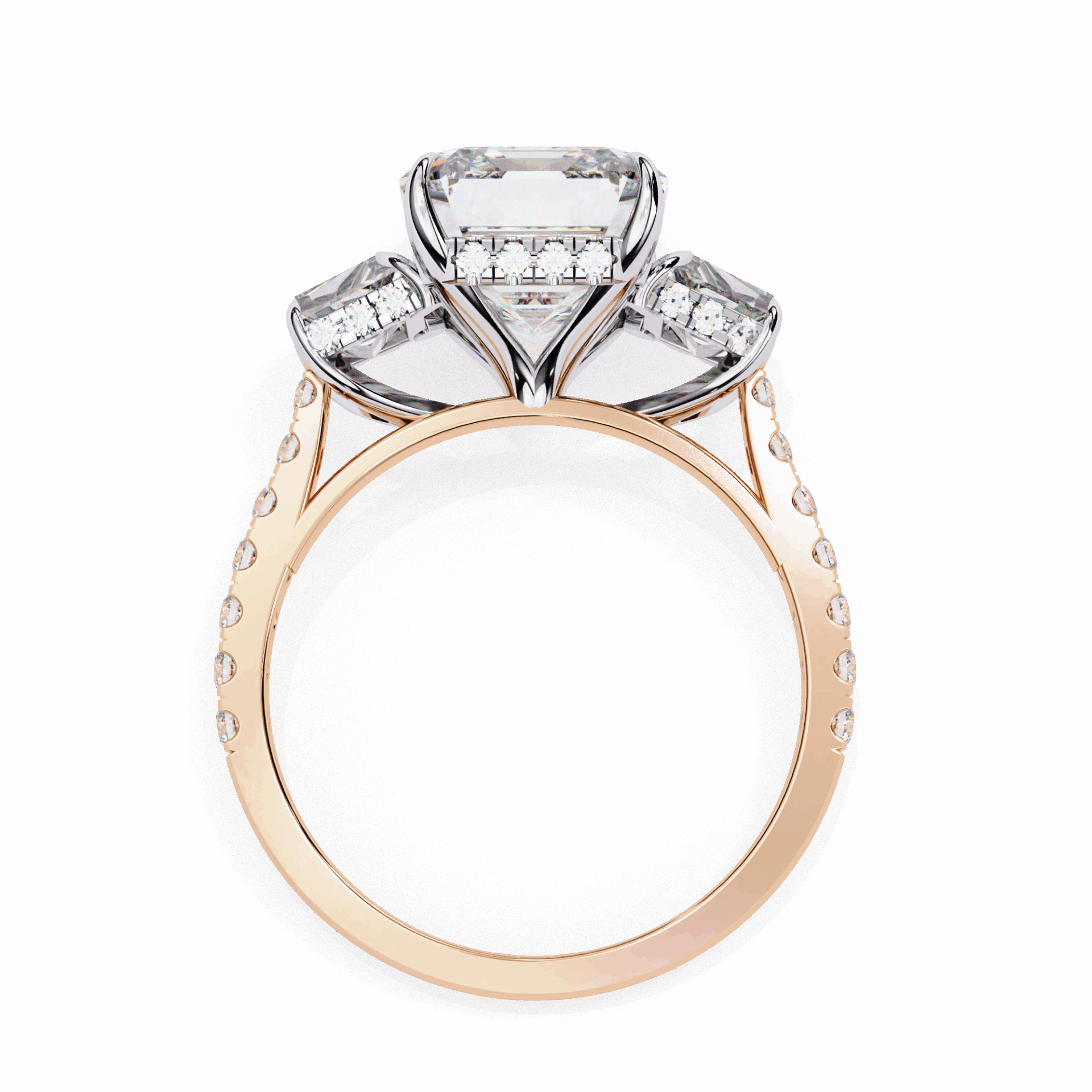 5.25 Carat Emerald Three Stone Solitaire Ring in Moissanite | House of Estara