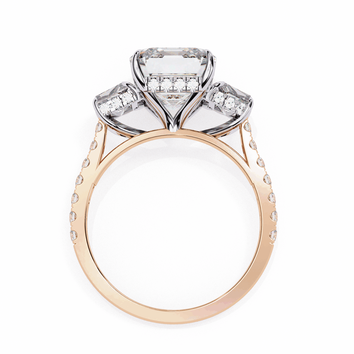 5.25 Carat Emerald Three Stone Solitaire Ring in Moissanite | House of Estara