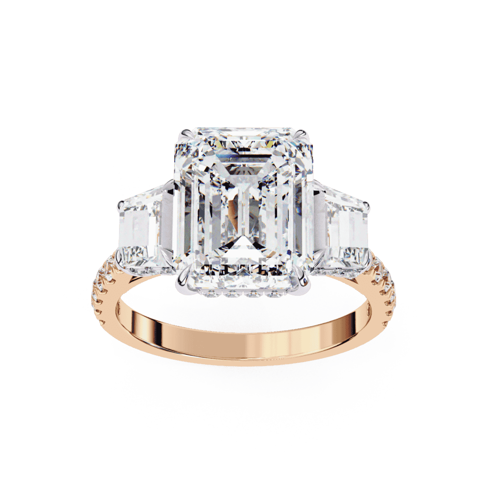 5.25 Carat Emerald Three Stone Solitaire Ring in Moissanite | House of Estara