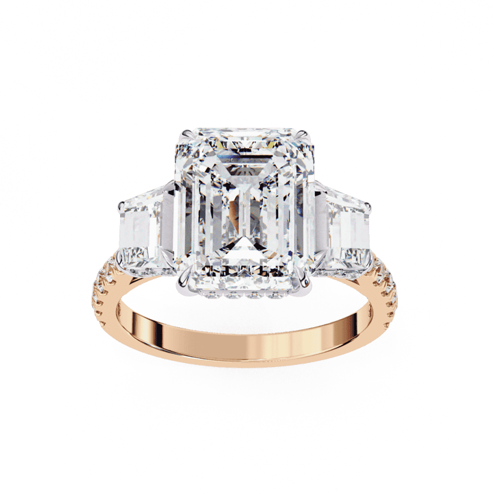 5.25 Carat Emerald Three Stone Solitaire Ring in Moissanite | House of Estara