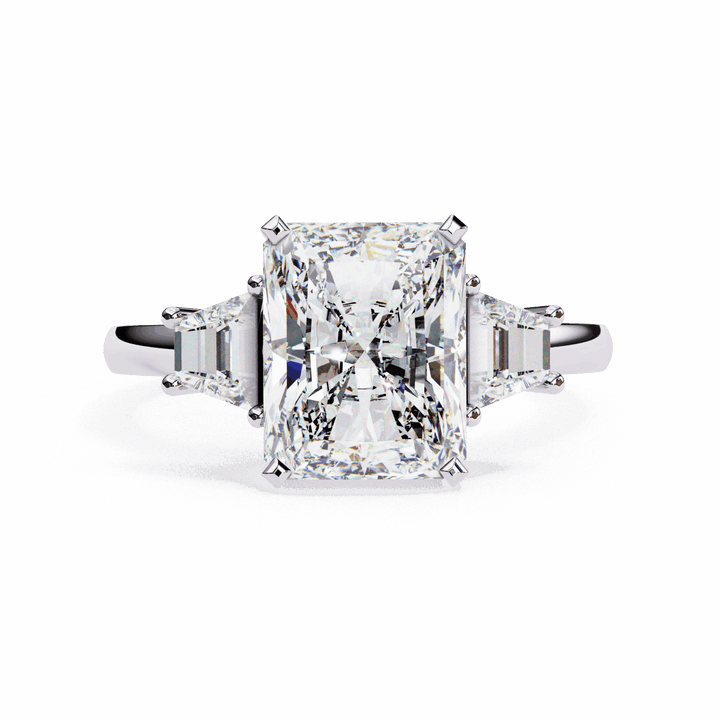 5.25 Carat Emerald Three Stone Solitaire Ring in Moissanite | House of Estara