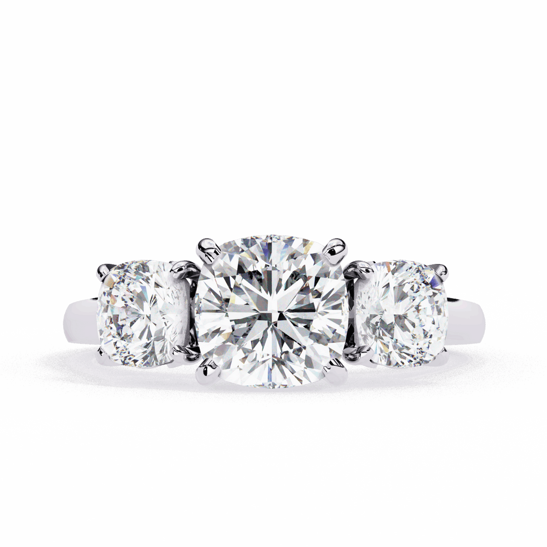 4 Carat Cushion Three Stone Solitaire Ring in Moissanite | House of Estara